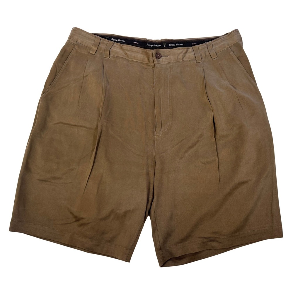 Tommy Bahama Relax Men's 38 Brown 100% Silk Pleated‎ Front Twill Shorts Khaki